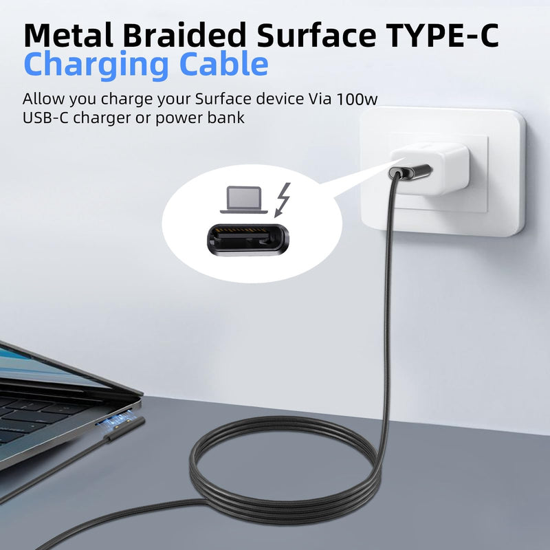 PD100W Surface to USB C Charging Cable Compatible with Surface Pro Laptop Microsoft Surface Pro 10/9/8/7+/7/6/5/4/3/X Windows Surface Go 6/5/4/3/2 Tablet Surface Book Support 65W/45W,2-Pack 6FT 2