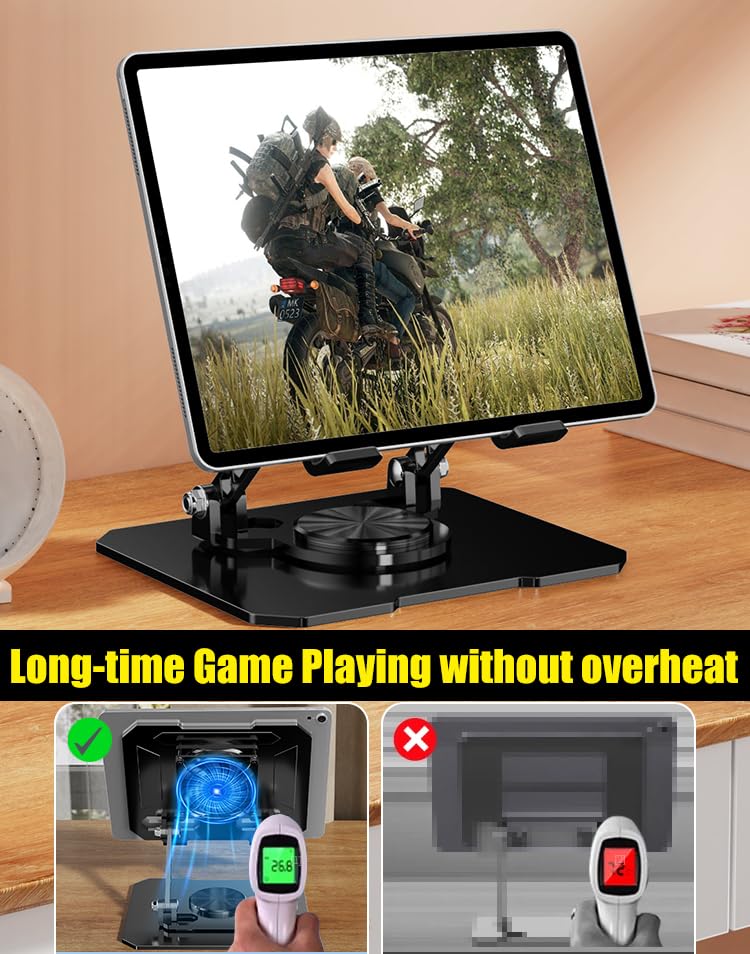 360° Rotating Tablet Desk Stand Holder with USB Cooler，Carbon Steel Frame Dual Rod Mount Support for iPad Pro 13 12 11 Air Mini 5 4 3 Samsung Tab E-Reader (Silver with Built-in Cooler) Silver with built-in cooler