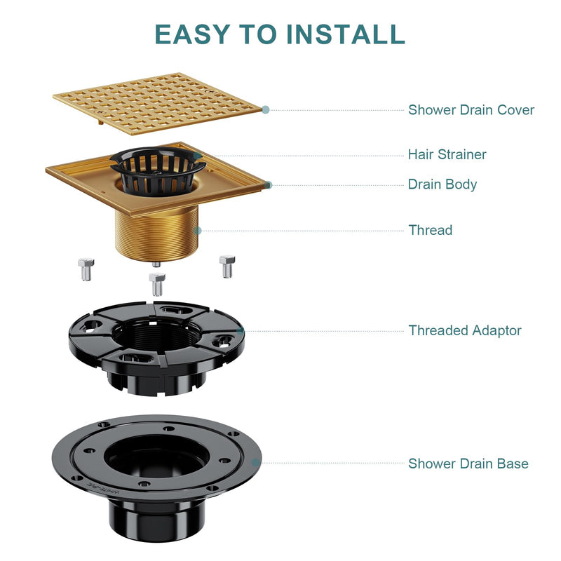 Shower Drain 4-1/4 Inch - Square Shower Floor Drain Kit with ABS Flange for 2" or 3" Pipe, SUS304 Stainless Steel Drain with Hair Strainer,Removable Strainer Cover, Champagne Bronze