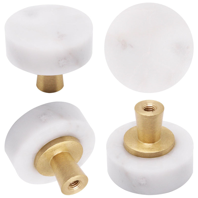 5pcs Marble Cabinet Knobs, Modern Decorative Cabinet Knobs, White Stone Brushed Brass Base Drawer Knob Handles Pull for Kitchen Bathroom Dresser (White) 5