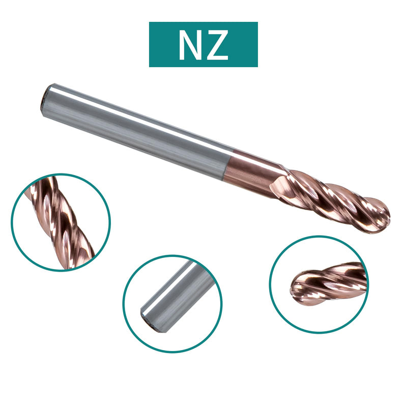 NZ 1/4" 4-Flute Ball Nose End Mill TiSiN Coated Carbide CNC Router Bits for Machining Stainless Steel, Alloy Steel and Titanium Alloy, 5-Pack 1/4 inch