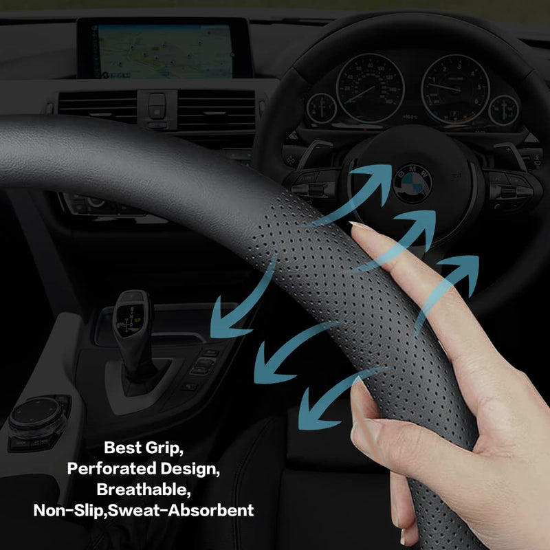 VARGTR Car Steering Wheel Cover,Universal 15 Inch Premium Leather Car Steering Wheel Cover,Best Grip,Perforated Design,Breathable,Non-Slip,Sweat-Absorbent,Warm in Winter and Cool in Summer (Black) Black