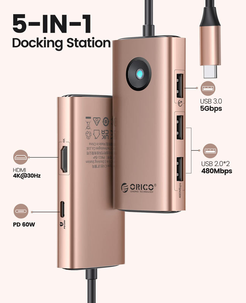 ORICO 5 in 1 USB C Docking Station - HDMI 4K, 60W Power Delivery, USB 3.0 and 2 USB 2.0 Ports for MacBook, XPS and More