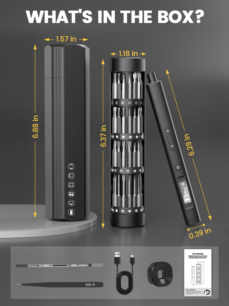 Mini Electric Screwdriver Sets,Sowkos Gifts for men,Screwdriver set with 60 Precision Bits,4 Torque Settings,Repair Tool Kit for Electronics Phone Camera Laptop Watch Black