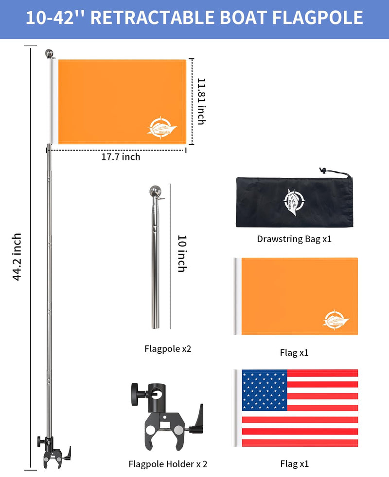2 Pack American Boat Flag Pole Kit, 44-Inch Orange Boat Flag With Pole, 12x18'' Pontoon Boat Flags, Adjustable Boat Kayak Safety Flag 0.59"-2" Round/Square Rail Water Ski Flag For Tubing, Watersports