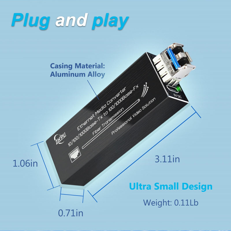 Mini Gigabit Fiber Media Converter Pair 10/100/1000Mbps with Matched SFP Module Pair (SM Single Fiber 1310nm/1550nm 20km), USB Type-C 5V Power Input, for CCTV/IP Cameras SMSF