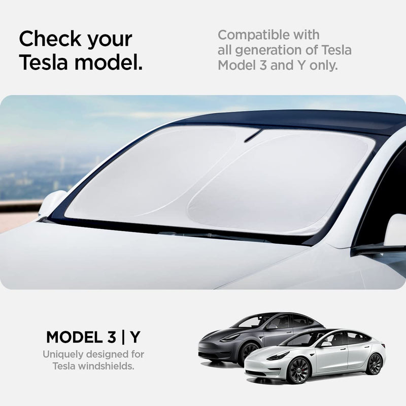 Spigen Front Windshield Sunshade for All Tesla Model Y & 3 2025/24/23 [Compatible with Model Y Juniper 2025/26 & Model 3 Highland 2024/25] (Triple-Coated with Reinforced Velcro Strap) Model 3/Y