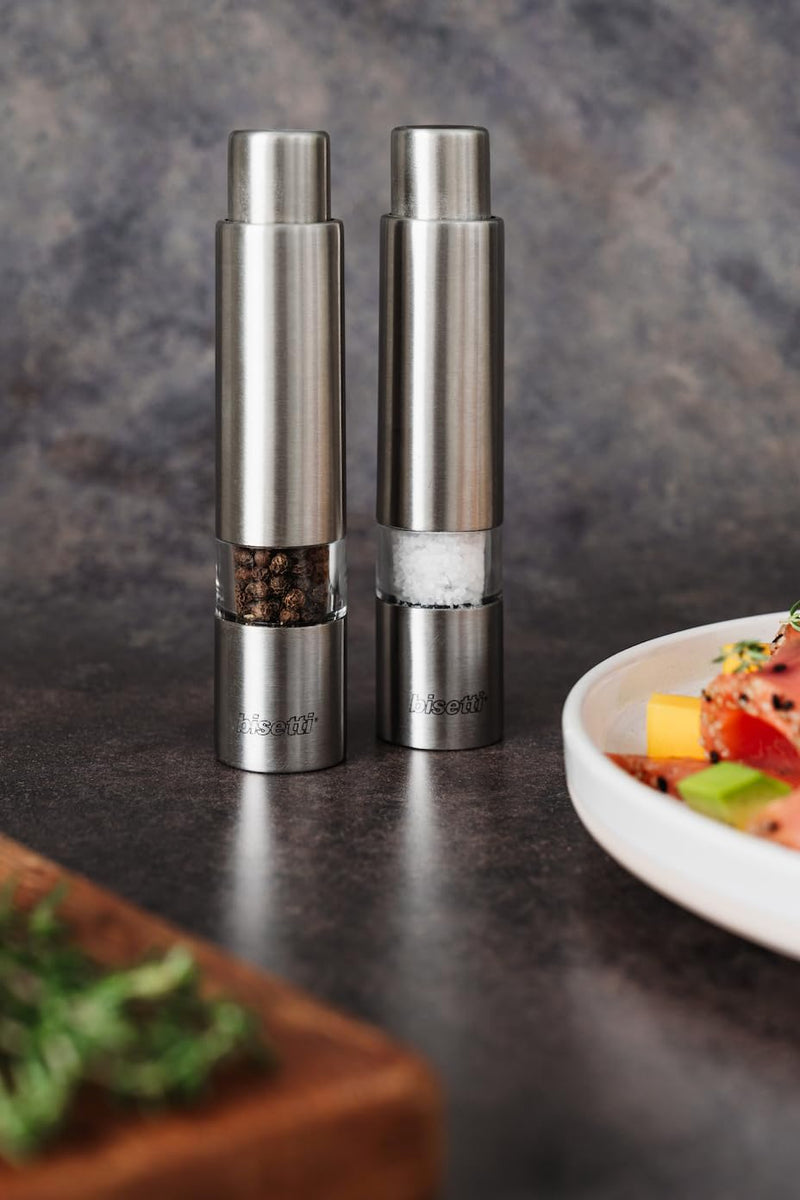 Bisetti Push Button Stainless Steel And Acrylic Pepper Mill Grinder, 14.5 cm/ 5.7 Inch