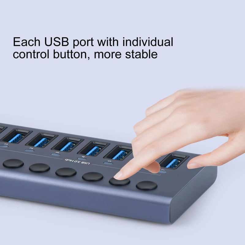 MaxLax 10 Port Aluminum USB 3.0 hub with 10 Port USB Data Transfer,Power Adapter USB Splitter Independent Switch Silver Gray-common 10 ports