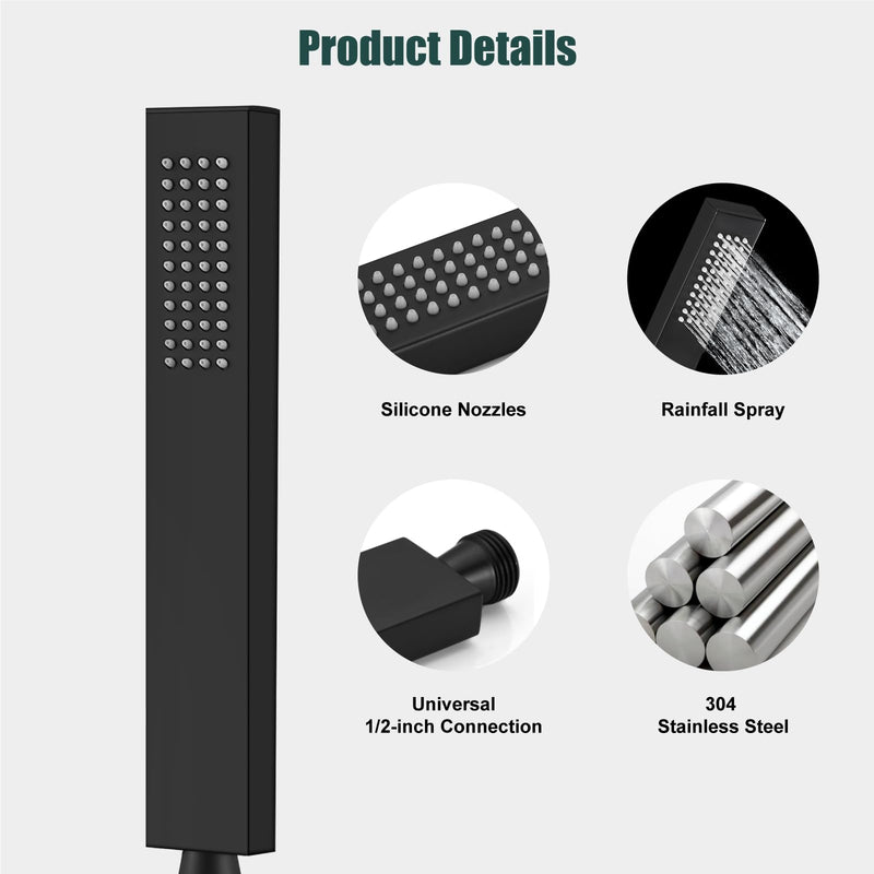 Heyalan SUS304 Stainless Steel Handheld Shower Wand High Pressure Luxury Shower Set High Flow Rectangle Hand Shower Spray with Wall Connector Holder and hose, Straight Style Matte Black