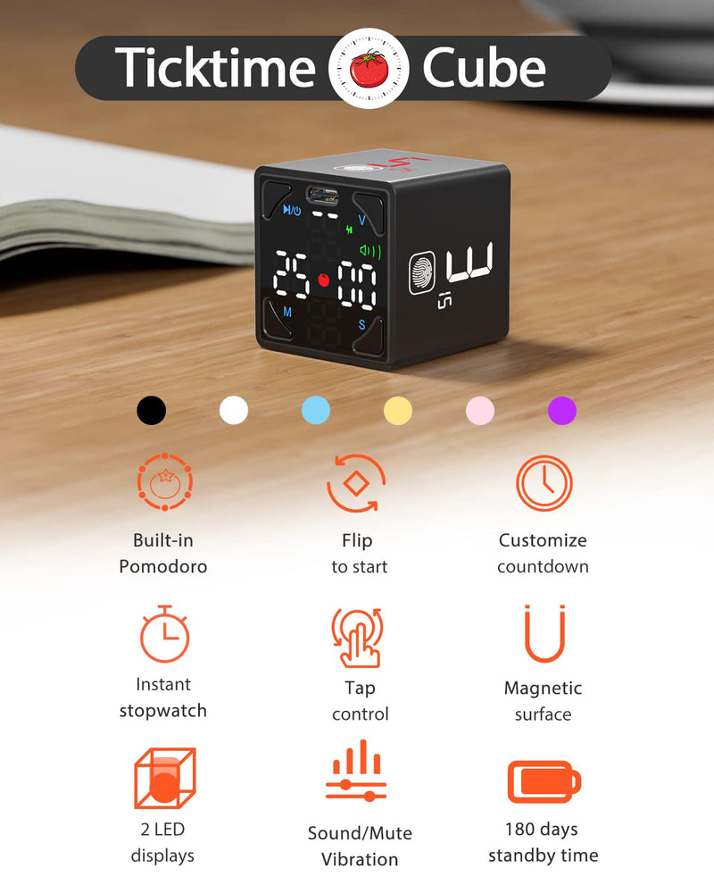 Pomodoro Timer Cube, Productivity Timer, Pause & Resume, Silent, Vibrate & Adjustable Sound Alert, for ADHD, Task, Work, Study, 1/3/5/10/15/25/45/60min & Custom Countdown, Black