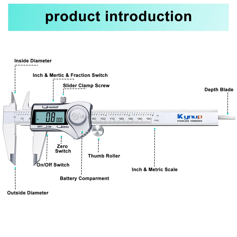 Kynup Digital Caliper, Caliper Measuring Tool Outside Micrometer, Vernier Dial Caliper, 6 Inch Caliper DIY Tool, Stainless Steel, IP54 Splash Proof, Inch Metric Fraction Switch, Large LCD Screen Silver 150mm