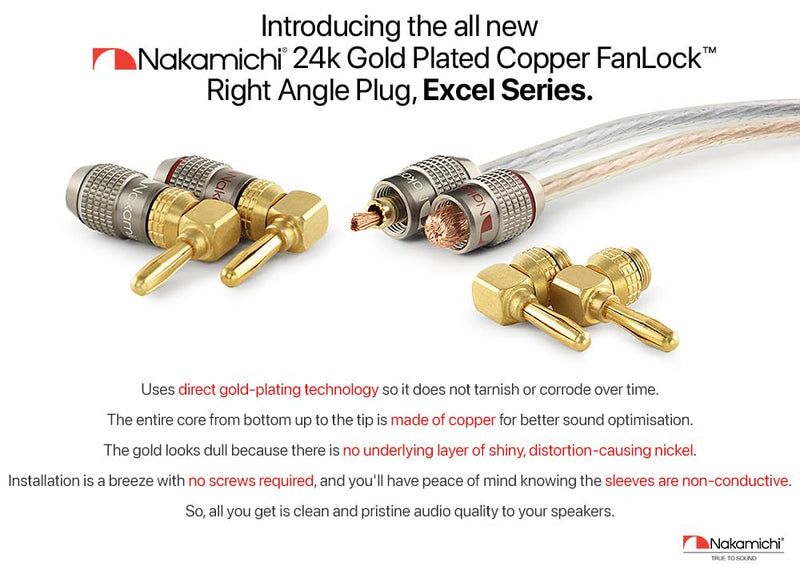 Nakamichi FanLock Excel Series 24k Gold Plated Right-Angle 90 Degree Banana Plug 10 AWG - 18 AWG Gauge Size 4mm for Speakers Amplifier Hi-Fi Home Theatre Wire Cable Quick Connector, 12 Pcs (6-Pairs) 12 Pcs (6-Pairs)