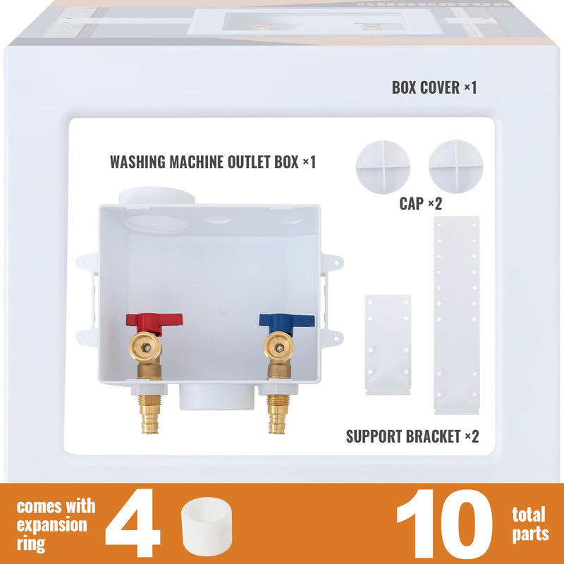 SUNGATOR Pex A Washer Box, 1/2 Inch Pex A Expansion Inlet x 3/4 Inch MHT Outlet, Washing Machine Laundry Outlet Box with Brass Valves Installed and 4 Expansion Rings