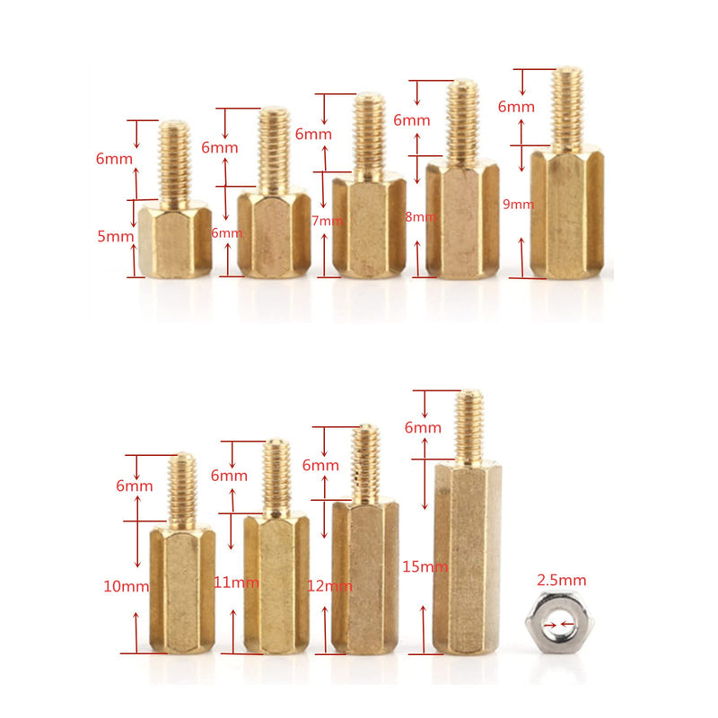 360pcs Hex Brass Standoff M2.5 Male-Female Threaded Spacer Standoff Screw Nut Pillar Standoff Assortment PCB Motherboard Assortment Kit Used in Machinery Industry, Electronic Industry