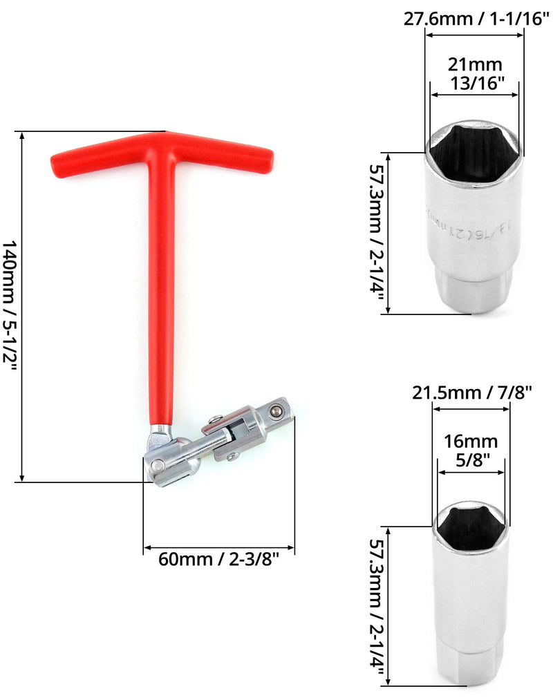 QWORK Spark Plug Socket Wrench, Universal,T-handle, 6mm (5/8") & 21mm (13/16") Remover Installer