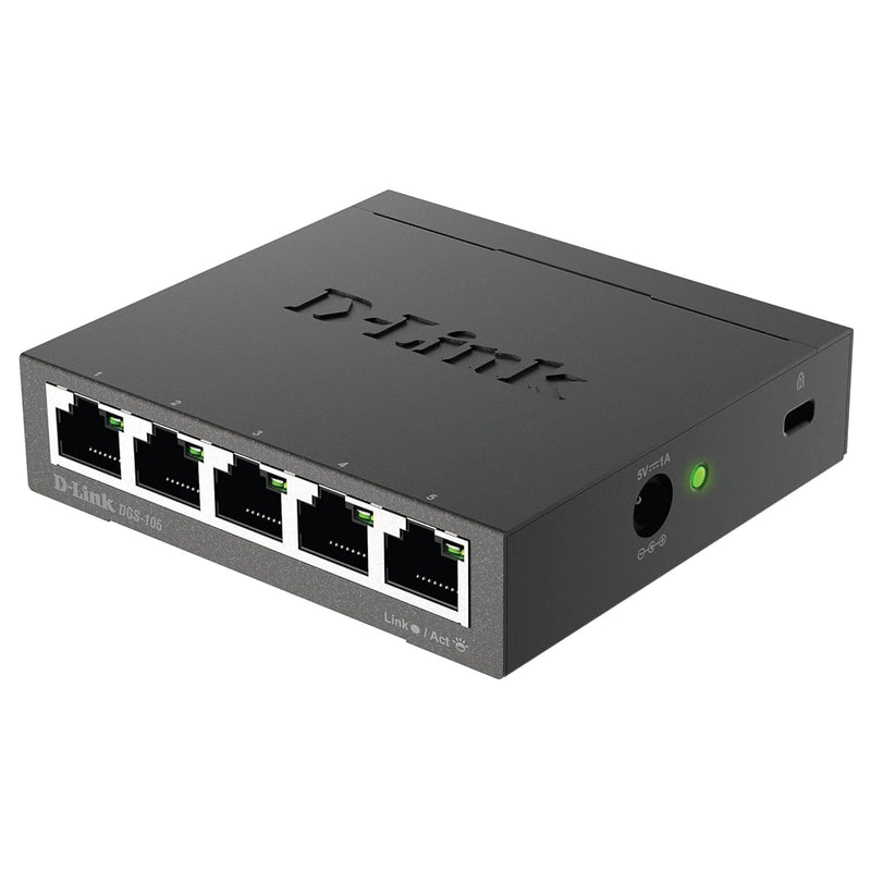 D-Link Ethernet Switch, 5 Port Gigabit Unmanaged Metal Desktop Plug and Play Compact (DGS-105),Black 5-Port Switch