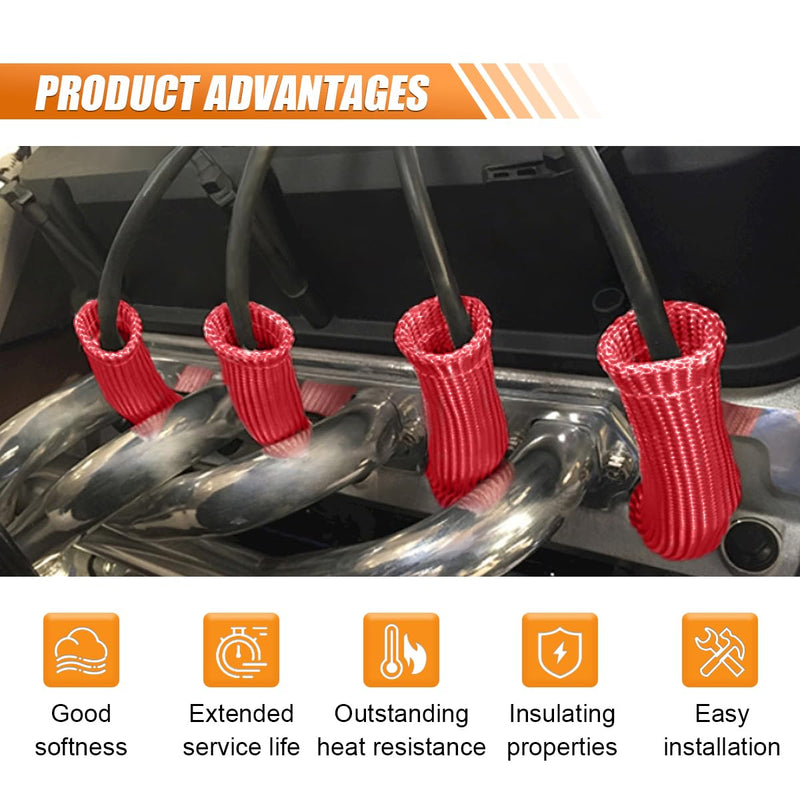 Spark Plug Wire Boots Protector Sleeve, 2500 Degree Spark Plug Wire Heat Shield Sleeve Cover for SBC BBC 350 454, 6 Inch Spark Plug Wire Heat Insulation Cover Wrap for Car Truck (Red, 8PCS) 8PCS/Red
