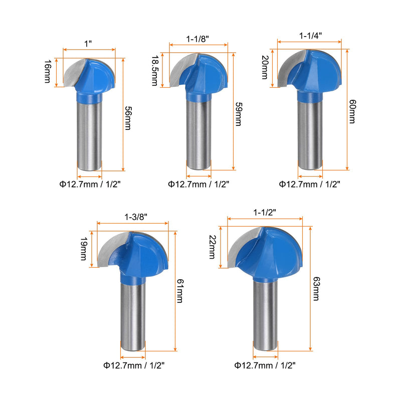 HARFINGTON Router Bit Core Box Set 1/2 Shank 1" 1-1/8" 1-1/4" 1-3/8" 1-1/2" Cutting Dia. Round Nose Router Bit 2 Flutes Carbide Cove Box Cutter for Woodworking Cutter Tool 5in1 Set