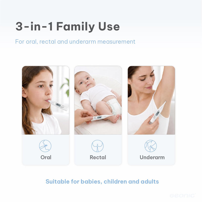 Digital Thermometer for Adults & Kids, 60-Second Reading, 3-in-1 Oral Rectal Underarm Use, Fever Alarm, Memory Recall, Water-Resistant, White