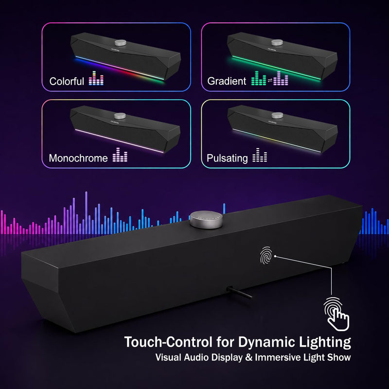 Computer Speakers for Desktop,USB Single-Cable, Computer Soundbar for PC | Compatible with Laptops | Towers | Devices |Stereo Sound and RGB Light, Plug-n-Play, Black Matte Finish, Mechanical Knobs