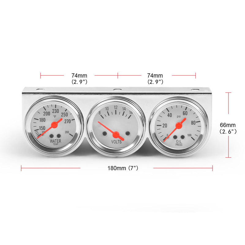 2'' 52mm Universal Chrome 8V to 16V Volt Gauge,100 to 280℉ Water Temp Temperature Gauge, 0 to 100 PSI Oil Pressure Gauge, Meter 3in1 Triple Gauge Set Gauges Kit