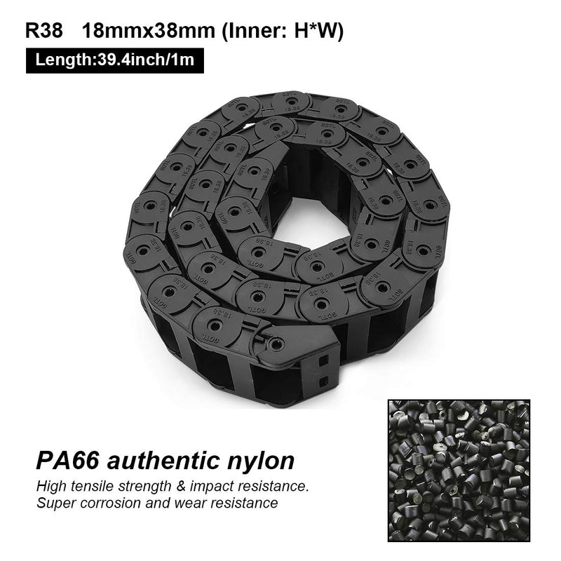 Pack of 2, R38 18mm x 38mm(Inner H x Inner W) Black Plastic Cable Wire Carrier Drag Chain 1M Length for CNC, with End Connectors - Bridge Type (Inner Side openable) 18*38A(2pc） Openable(Bridge Type)