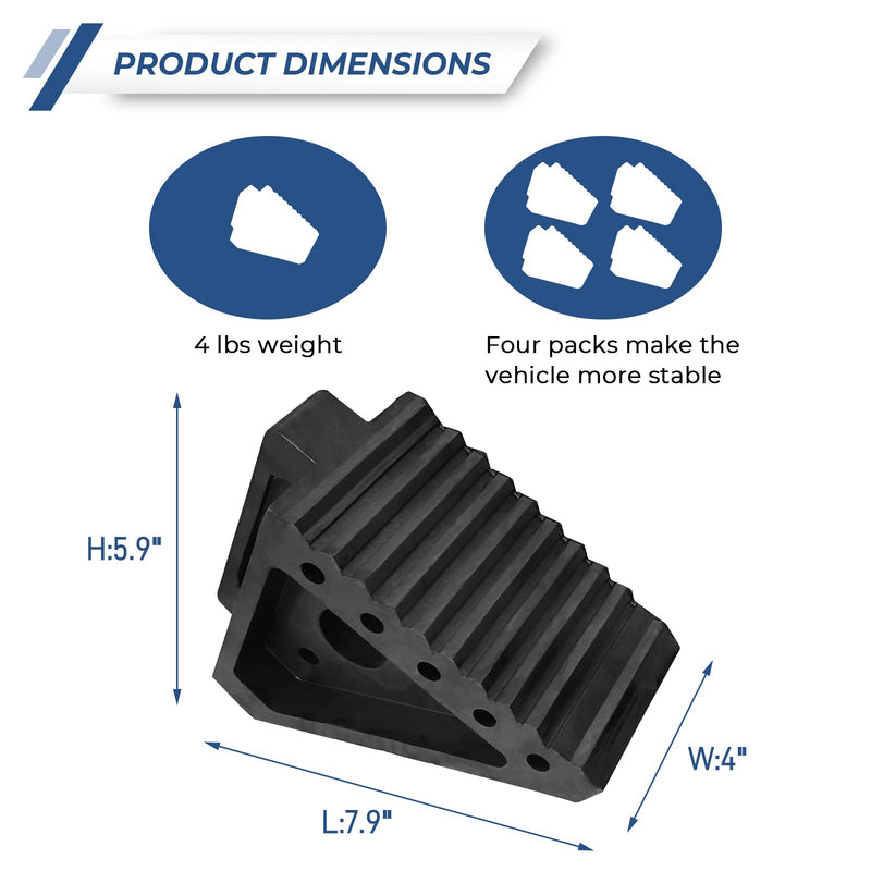 Solid Heavy Duty Rubber Wheel Chocks 4 Packs, Premium Wheel Stopper for Car, Travel Trailers, RV, Truck, and ATV(4 pcs, Black) 8" x 4" x 6" Black 4 pack