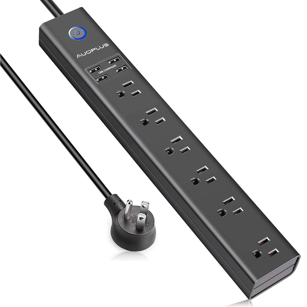 Surge Protector Power Strip with USB, AUOPLUS 10FT Outlet Strip, 6 Outlet and 4 USB Charger,[Flat Plug/Wall Mountable], 1250W/10A/2100J, Long Extension Cord for Computer iPhone Home Office Dorm Black