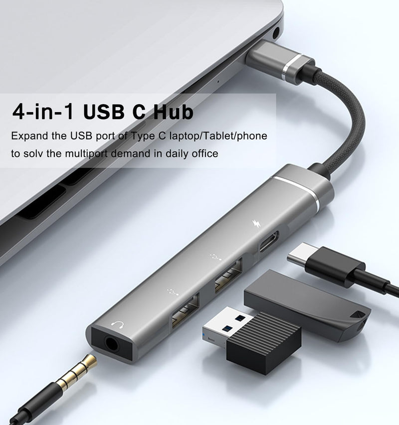 USB C Hub, 4 in 1 Aluminum USB C to USB OTG Adapter, USB C Splitter with 1 * 3.5mm Headphone Jack, 1 * 15W PD, 2 USB A Ports, USB C Hub Dongle for MacBook Air/Pro,XPS,iMac Mini,iPad Pro,More
