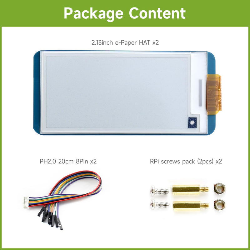 2PCS Waveshare 2.13inch E-Ink Display HAT V4 Version Compatible with Raspberry Pi 5/4B/3B+/3B/2B/B+/A+/Zero/Zero W/WH/Zero 2W, 250x122 Resolution SPI Interface Supports Partial Refresh
