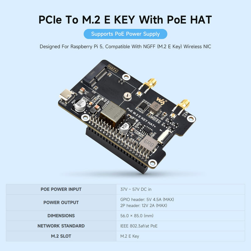 waveshare PCIe to M.2 E Key Adapter with PoE Function, Compatible with Raspberry Pi 5, Support NGFF (M.2 E Key) Wireless NIC, Raspberry Pi 5 PCIe HAT