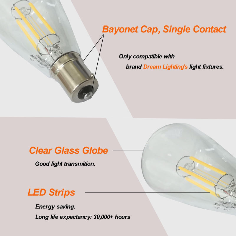 Dream lighting LED Edison Bulb 3W, 150 Lumens, Warm White 3000K, LED Vintage Replace Globe Dinette Light Fixtures, Pack of 2