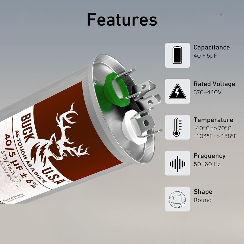 Buck 40+5uF 40/5 MFD ±6% CBB65B Dual Run Round Start Capacitor - Ideal for HVAC Systems, Air Conditioner Unit Fan Motor Start, Heat Pump, & Condenser Straight Cool Applications 370/440VAC 50/60Hz 40+5 µF 1