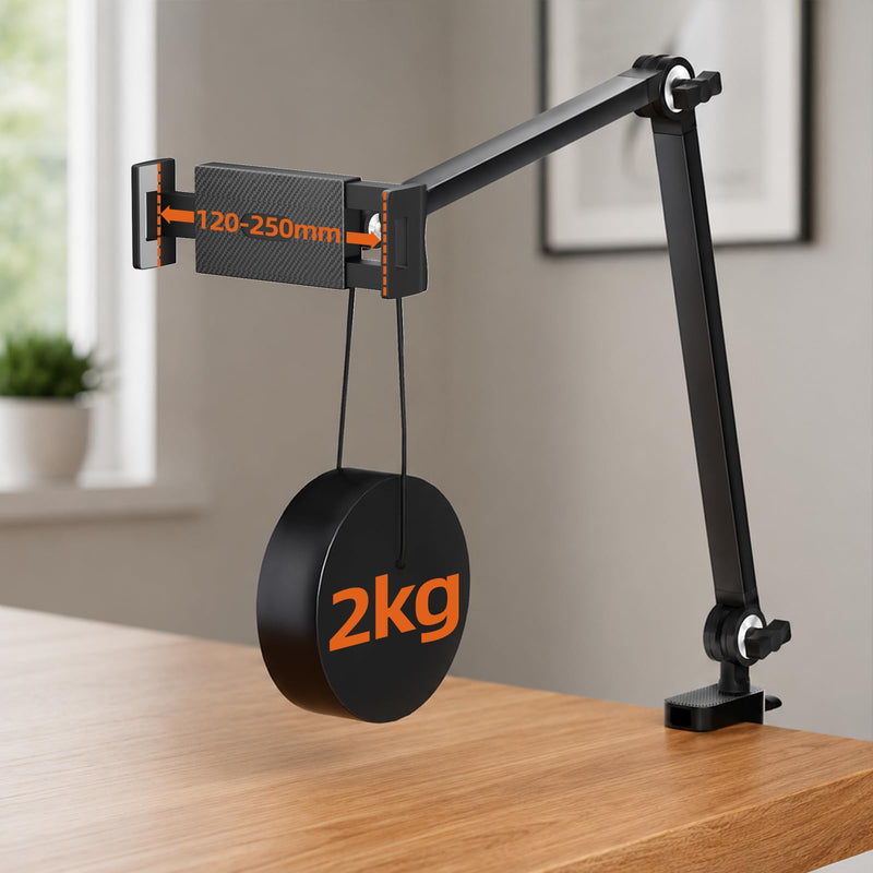 Tablet Stand, 360° Adjustable Holder for 4.7-16" iPad/Phone, Metal | Foldable Tablet Arm Mount for Desk and Bed, for Kitchen, Work, Drawing, Streaming, Video Call, Working, Watching, Heavy Duty