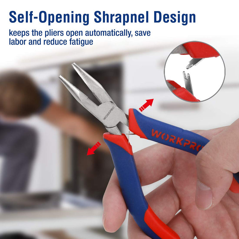 WORKPRO 6-piece Mini Pliers Set - Needle Nose, Diagonal, Long Nose, Bent Nose, End Cutting and Linesman, for Making Crafts, Repairing Electronic Devices, with Pouch Blue