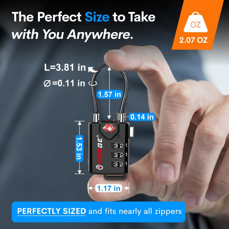 TSA Approved Cable Luggage Locks, Re-settable Combination with Alloy Body Black 4 Pack