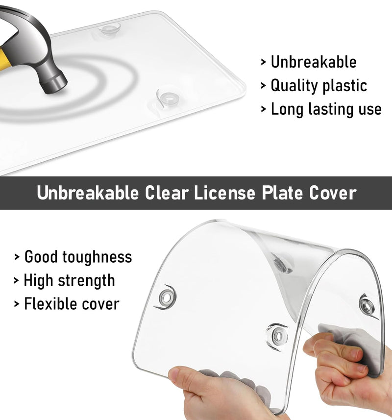 2 Pack Clear License Plate Covers, License Plate Protector Unbreakable Plastic Shields Tag Holder Fits Standard US Plate with Screws Caps
