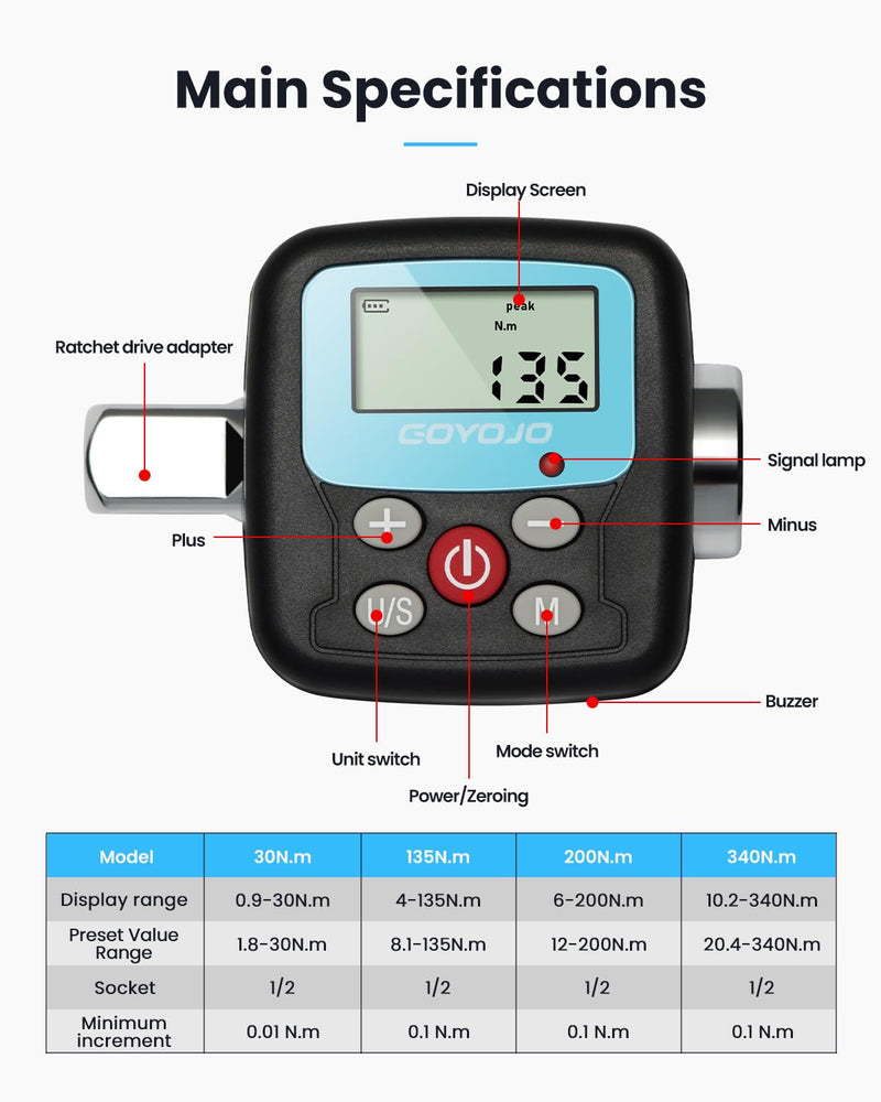 GOYOJO Digital Torque Wrench Adapter, 4-135Nm (2.95-99.6 ft-lb) Electronic Torque Converter with Digital Display, 1/2", 1/4", 3/8" Adapters for Motorcycles, Engine Maintenance, and Versatile DIY Use (135n.m)