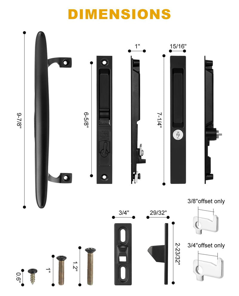 Patio Glass Door Replacement Handle Set with Lock, 6-5/8" H.C., Fits 1" to 1-1/8" Sliding Thick Doors, Keyed Black Diecast Reversible Design Keys