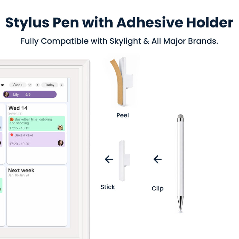 Stylus Pen with Adhesive Holder, Compatible with Skylight Calendar, 2-in-1 Dual Tip (Mesh & Disc) Stylus for Tablet & Smart Digital Calendar, No Charging, Always Attached, White