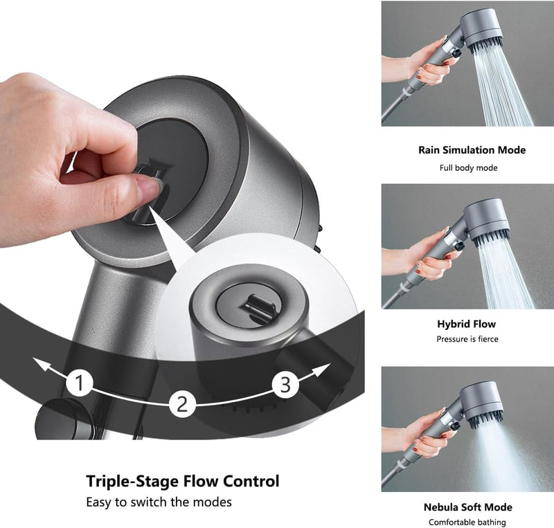 Shower Drops Head Filtered Showerhead With Five Filters,Filtered Shower Head With Handheld,High Pressure Turbo Showerhead,Reusable,Adjustable Settings With Hose 5-piece set