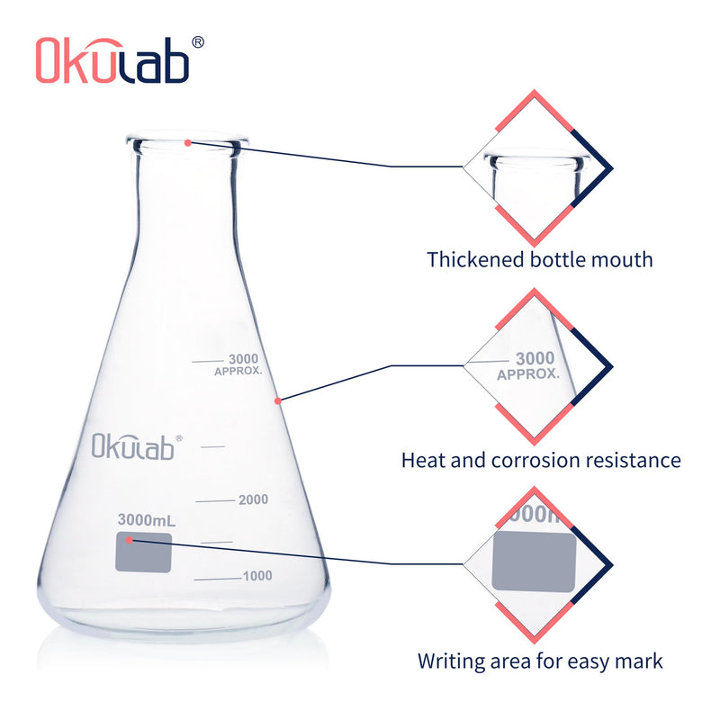 Conical Flask Set, Glass Erlenmeyer Flasks, 3000ml Lab Erlenmeyer Flasks, Borosilicate 3.3 Glass Material with Printed Graduation，EFNG3000A1 Vol.3000ml, pack of 1