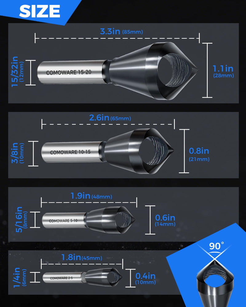 COMOWARE 4pcs TiAIN Coated Chamfer Tool M35 Chamfer Bit 90-Degree Countersink Drill Bit Set for Wood & Metal, Heavy Duty Countersink Bit SAE 1/4"-3/4", 2-5, 5-10, 10-15, 15-20mm M35 1/4"~1"
