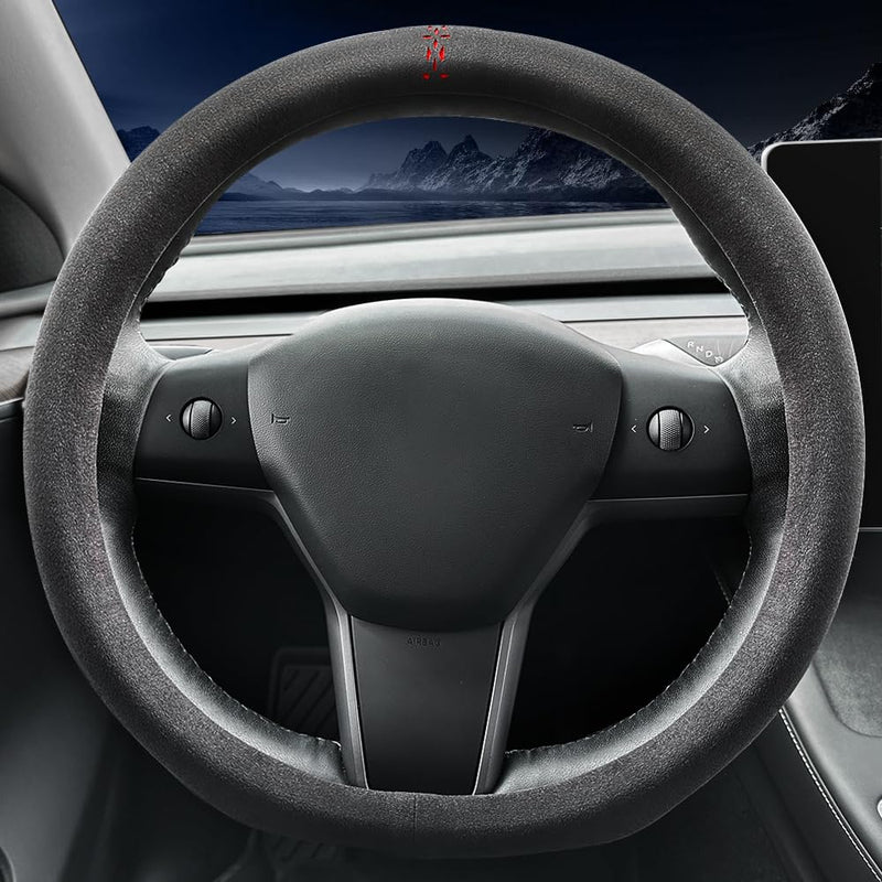 Carodi Suede car Steering Wheel Cover, Suitable for Tesla Model 3 /Model Y Steering Wheel Cover Black-A