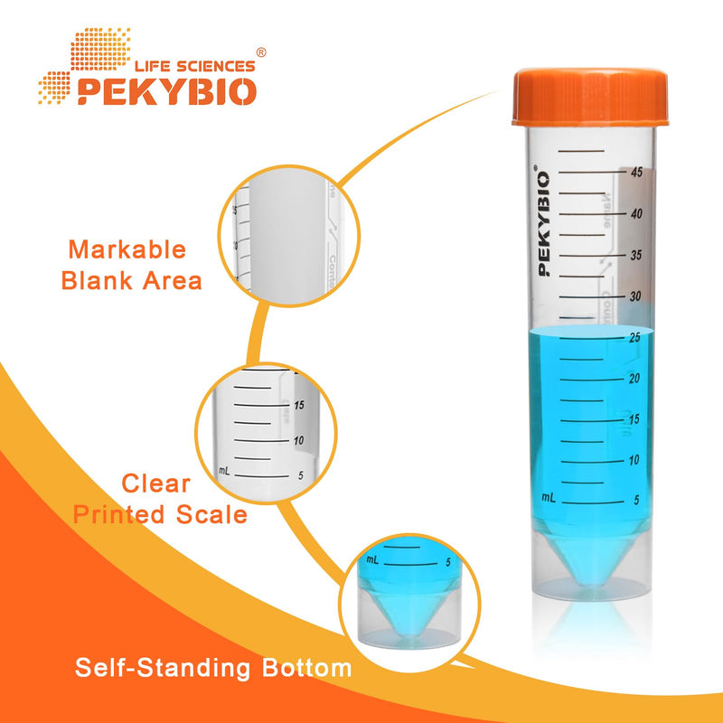 PEKYBIO Centrifuge Tubes 50ml Self-Standing Sterilized Polypropylene Graduated Test Tube with Seal Screw Cap Sample Storage Container, Pack of 50 50ML Self Standing