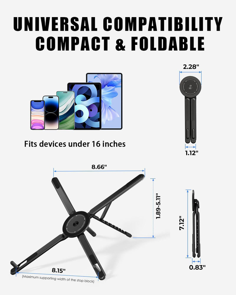3-in-1 Laptop Stand with Magnetic Phone Holder, 8-Level Adjustable Ergonomic Aluminum Riser, Portable Computer Stand for Desk, Compatible with 10-17" MacBook & Laptops, iPhone 12-16 with MagSafe