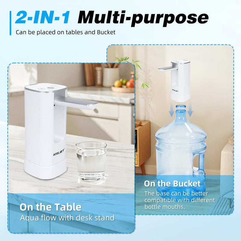 Water Dispenser for 5 Gallon Bottle with Digital Display, 4 Dispense Modes, Portable USB Charging Electric Water Pump, Foldable Spout, Food-Grade Water Jug Pump for Home, Office, RV, Campin(White) White
