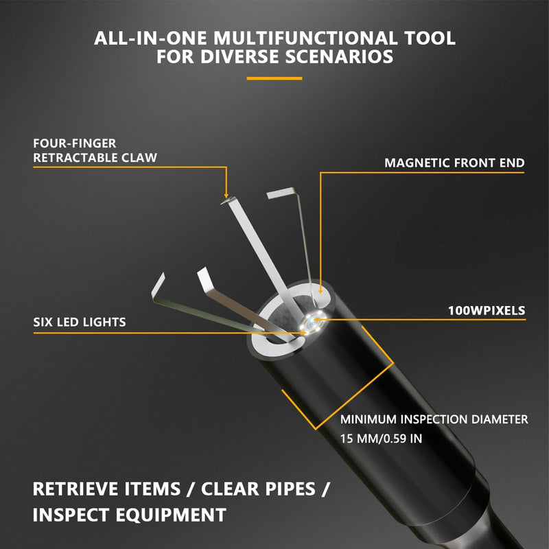 Endoscope Camera with Light and Grabber, Sewer Borescope Inspection Mirror with Magnetic Pickup, Drain Snake Scope for Automotive Repair & Pipe Cleaning, IP67 Waterproof, 6 LED, 19.7-Inch deep black