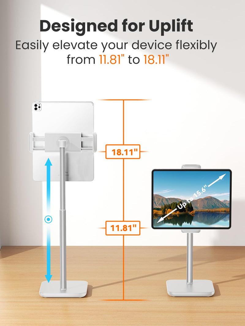 tounee Tablet Holder Stand, Height Adjustable Up to 18.11" Portable Monitor Stand, 4.4lb Holding Strength Tablet Cradle Mount Dock for 4.7"-15.6" iPhone, iPad, Kindle, eBook Reader-White White